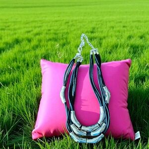 Chico’s Silver Toned Metal and Black Cord Statement Necklace